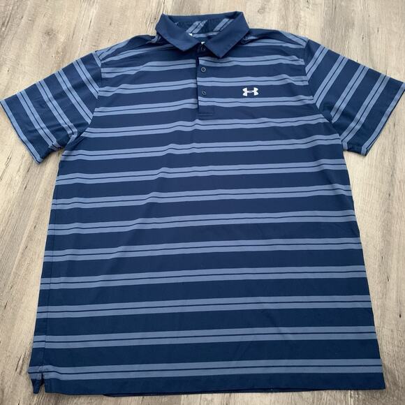 Under Armour Polo Men 2XL Blue Striped LOOSE Fit Heatgear Golf Performance Shirt - Picture 1 of 6